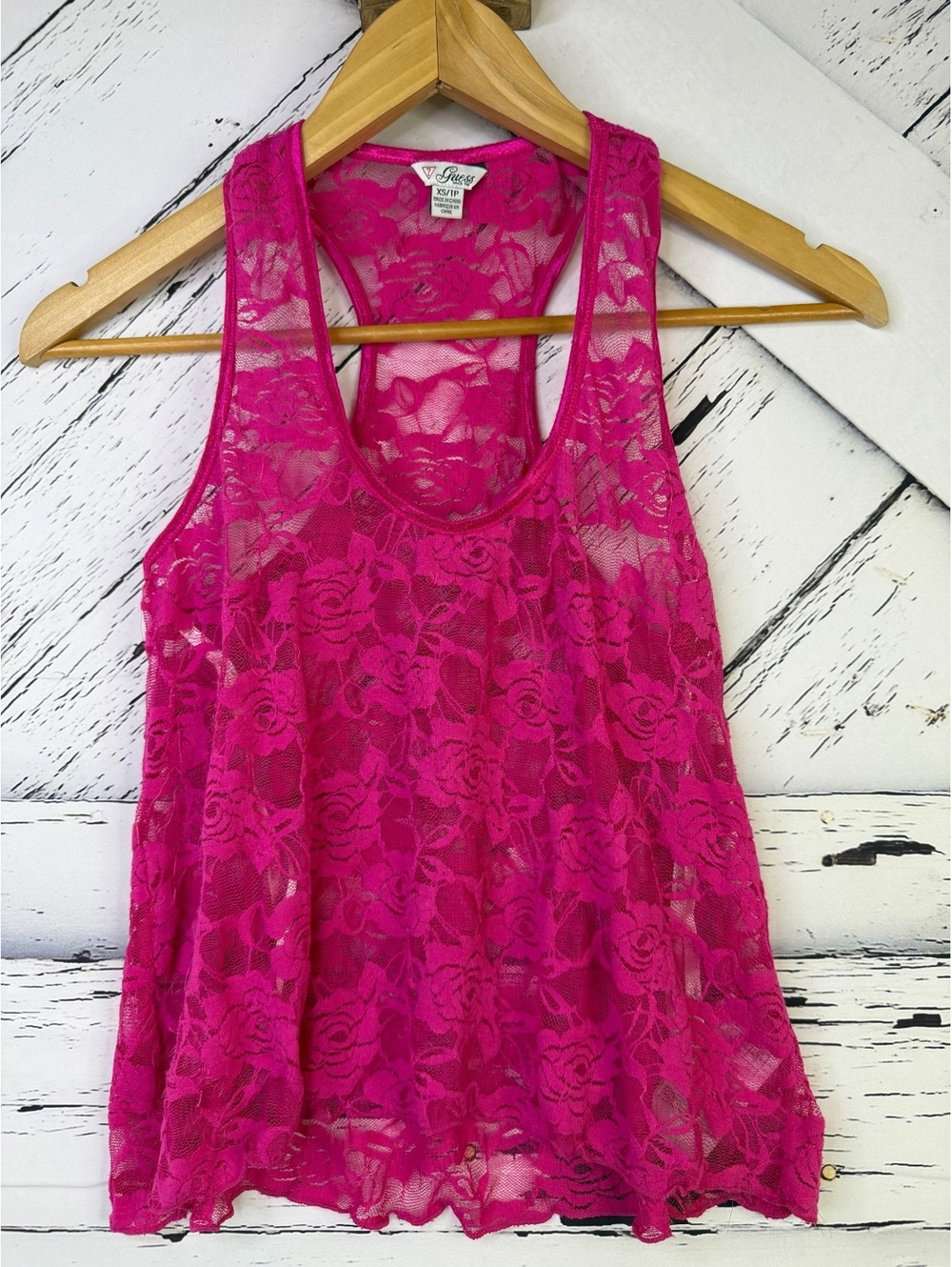 Guess Vintage Y2K Coquette Sheer Lace Racerback Tank Top Vibrant Pink Women XS